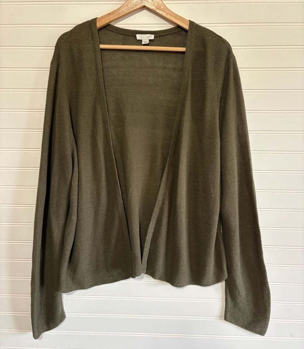 J.Jill Olive Green Linen Blend Open Front Cardigan Size M